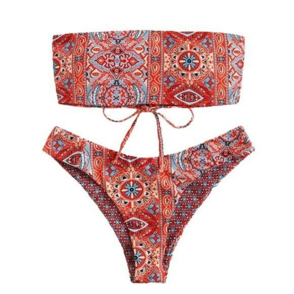 Boho Bandeau Bikini Gypsy Print Red Orange Swim - Picture 1 of 2